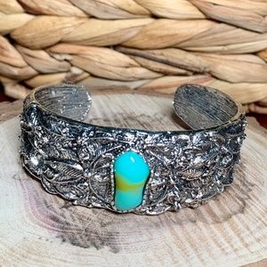 Detailed Silver Tone Leaf and Turquoise Colored Stone Cuff Bracelet, Adjustable